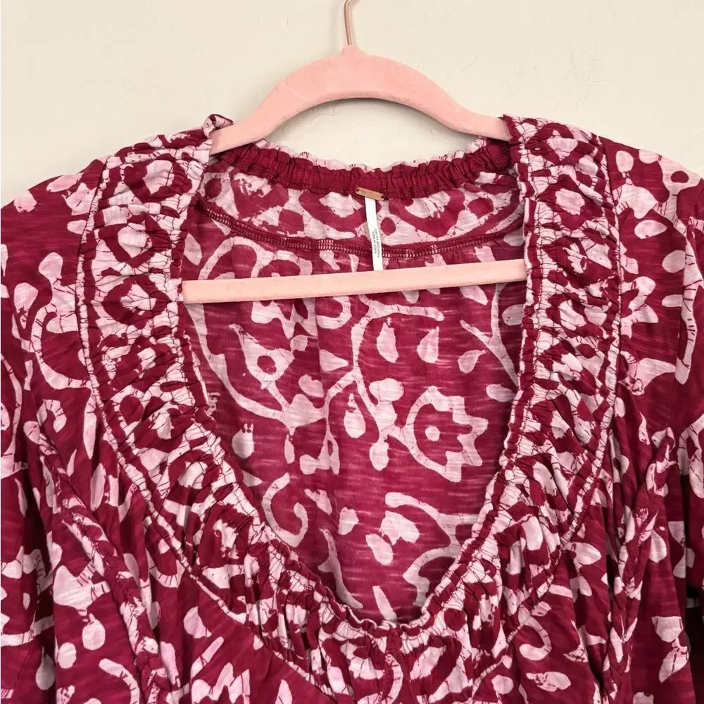 Free People On the Block Bell Sleeve Boho Patterned Top Berry Combo Medium